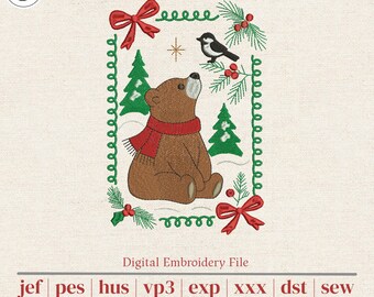 Christmas Bear Machine Embroidery Design | Woodland Bear in Red Scarf with Chickadee | 5 Sizes for 4x4 5x7 6x10 Hoops