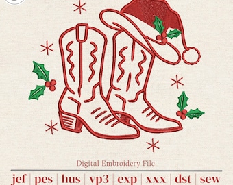 Christmas Cowboy Boots Machine Embroidery Design | Western Holiday Decor with Santa Hat Holly | Tea Towels, Totes & Shirts | 5 Sizes