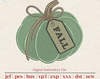 Sage Pumpkin Machine Embroidery Design | FALL Tag & Twine Bow Farmhouse Autumn | Kitchen Towel Pillow Decor | 5 Sizes