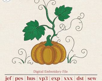 Pumpkin Vine Machine Embroidery Design | Autumn Botanical Fall Decor for Tea Towels, Totes & Pillows | 5 Sizes