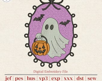 Ghost with Pumpkin Basket Machine Embroidery Design | Halloween Ornament Frame | Cute Trick or Treat Decor | 6 Sizes
