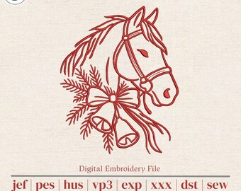 Redwork Horse Machine Embroidery Design | Christmas Horse Head with Bells and Bow | 5 Sizes for 4x4 5x7 6x10 Hoops