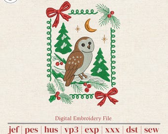 Christmas Owl Machine Embroidery Design | Woodland Barn Owl with Crescent Moon | 5 Sizes for 4x4 5x7 6x10 Hoops