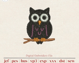 Owl Machine Embroidery Design | Cute Halloween Owl on a Branch | Tea Towels, Pockets & Totes | 4x4 Hoop | 5 Sizes