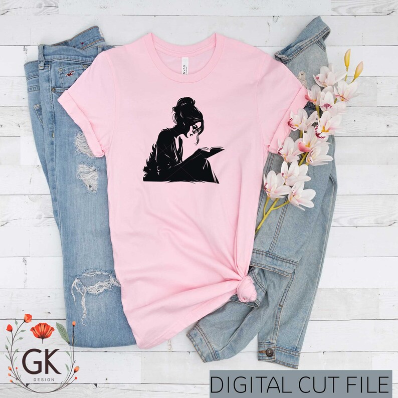 Girl Reading Book SVG: Messy Hair Librarian Teacher Design (PNG File) image 2