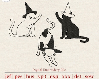 Witch Cat Machine Embroidery Set | 3 Minimalist Line art Halloween Cats in Witch Hats | Pockets, Tea Towels & Totes | 5 Sizes