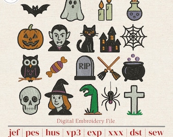 Halloween Mini Machine Embroidery Bundle | 19 Small Spooky Designs from 1 Inch | Tea Towels, Pockets & Quilt Blocks | 4x4 Hoop | 4 Sizes