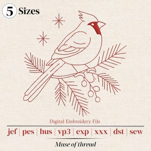 May include: A red line art embroidery design of a cardinal bird perched on a pine branch with berries and two star shapes. The text 5 Sizes, Digital Embroidery File, and file formats jef, pes, hus, vp3, exp, xxx, dst, sew are visible.