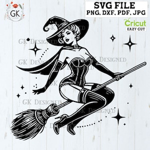 Vintage Sexy Hexe Mädchen SVG, Hexe SVG, Wicked Witch zwar, Wandkunst, Halloween Aufkleber, Besenstiel, Witchy Silhouette, Digitale Datei