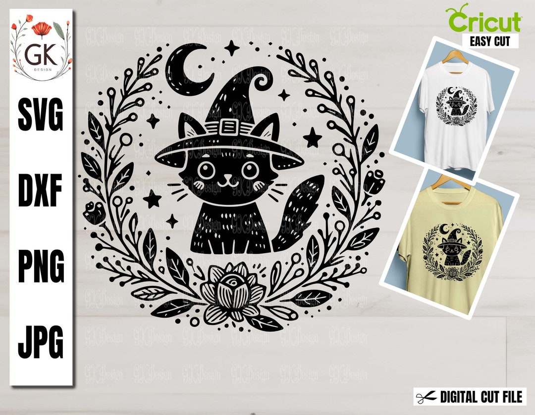 Black Cat Witch SVG: Floral Wreath Halloween Decal (digital File) - Etsy