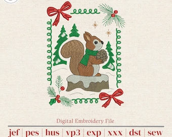 Christmas Squirrel Machine Embroidery Design | Woodland Squirrel with Pinecone | 5 Sizes for 4x4 5x7 6x10 Hoops