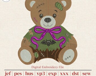 Patched Teddy Bear Machine Embroidery Design | Halloween Bat Bow | Cute Spooky Kids Sweatshirt & Onesie | 4 Sizes