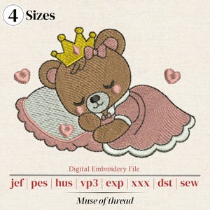 Sleeping Bear Machine Embroidery Design | Baby Girl Princess Crown Nursery | Digital File