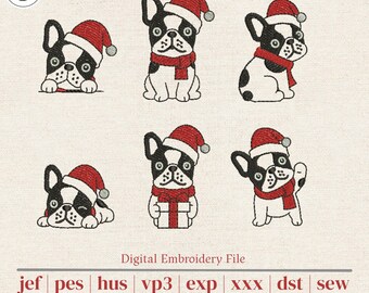 Boston Terrier Christmas Embroidery Design | Santa Hat Dog Machine Embroidery Bundle of 6 in 3 Sizes | Dog Lover Gift