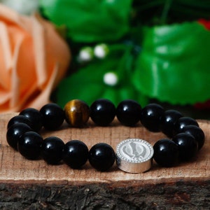 925 Silver Charm Sikhism Faith-Black Agate and Tiger&#39;s eye Bracelet, Sikh Jewelry, Sikhism beads Kara, Punjabi jewelry, Sikh religious gift