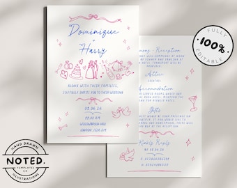 Pode incluir: Um convite de casamento rosa e azul com ilustrações desenhadas à mão. O convite diz "Dominique + Harry" e inclui a data, a hora e o local do casamento. O verso do convite inclui detalhes sobre a recepção, o traje, a acomodação, os presentes e as informações de RSVP.