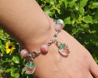 Strawberry Charm Bracelet Stainless Steel Pink Glass Beads Fruit Jewelry Gift for Her