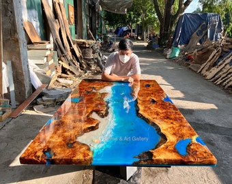 Ocean Blue Epoxy Table Top with Acacia Wood | Dining Table Top |  Live Edge Wooden Table | Resin River Table Top (customisable)