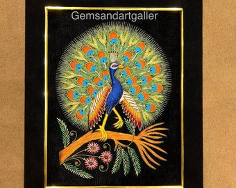 孔雀のザルドジ宝石タペストリー | 手刺繍ベルベット壁掛け | 宝石付き