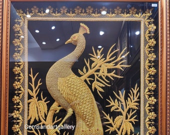 Gold Peacock Embroidery Wall Art | Padamshree Artist | Framed Velvet Decor, Handcrafted Statement Piece (39x75”)