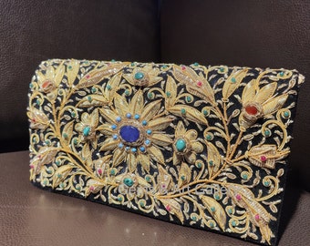 Luxury Zardozi Velvet Clutch with Semi-Precious Stones | Hand-Embroidered Floral Evening Bag | Wedding & Festive Purse | Made in Agra