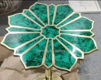 Floral Malachite Inlay Table Top | Brass Floral Petal Paradise | Handmade Luxury Coffee Center Decor (18x18x21 inches)