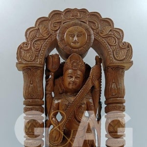 Teak Wood Carved Handmade Goddess Saraswati with a Frame / Saraswati / Handmade / Gifting / Home Decor (15 inches)