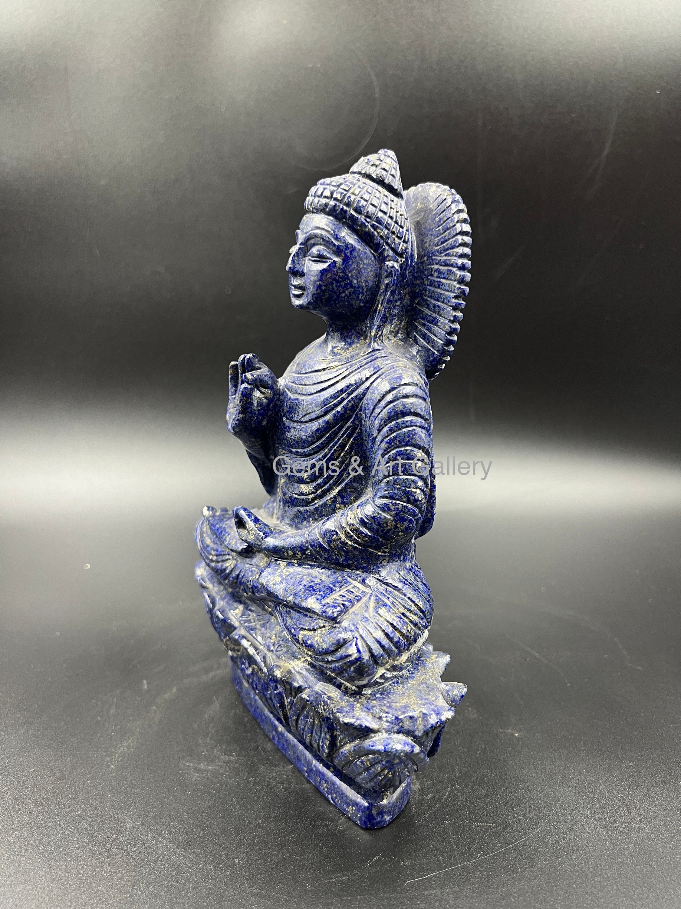 ラピスラズリ仏像 | 青い宝石彫刻 | 瞑想用装飾 | 5.5x8x2インチ