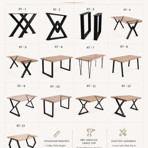 Pu&ograve; includere: Una collezione di 13 modelli di gambe per tavolo in metallo nero opaco, etichettati da RT-1 a RT-13. L'immagine mostra varie forme geometriche fissate a piani in legno, inclusi telai a X, a U e stili a forcina, con altezze standard di 46 cm e 71 cm.