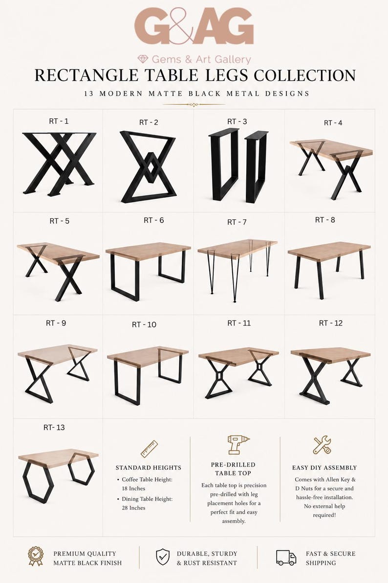 Pu&ograve; includere: Una collezione di 13 modelli di gambe per tavolo in metallo nero opaco, etichettati da RT-1 a RT-13. L'immagine mostra varie forme geometriche fissate a piani in legno, inclusi telai a X, a U e stili a forcina, con altezze standard di 46 cm e 71 cm.