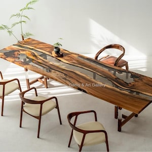 Tablero de comedor de epoxi con madera de acacia, tablero de mesa auxiliar/de centro, tablero de madera con borde natural, tablero de mesa de resina River (personalizable)