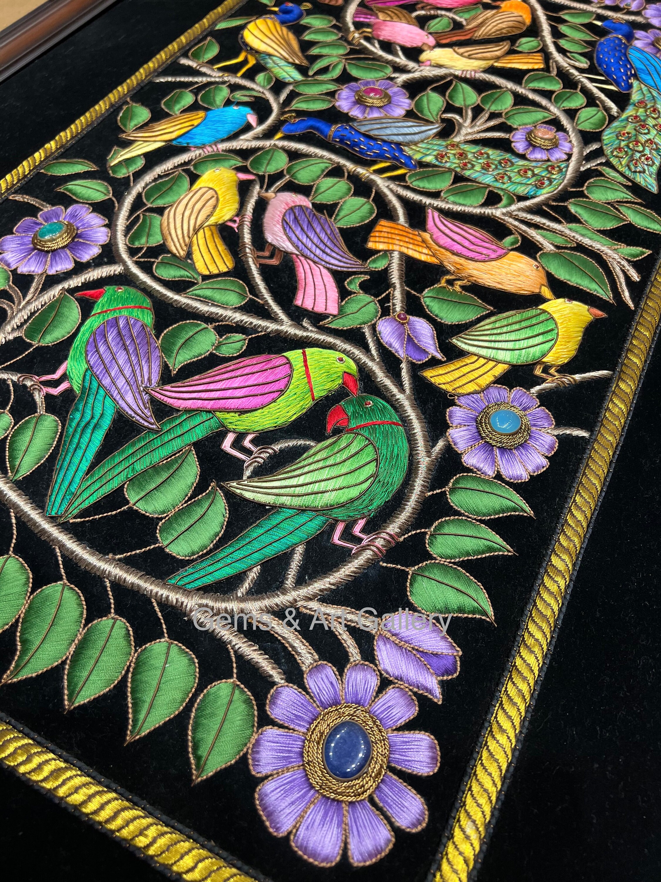 Royal Ancient Silk Jewel Art Wall Hanging Hand Embroided Multicolor Tree of  Life on Black Velvet with Gemstones (With Frame)
