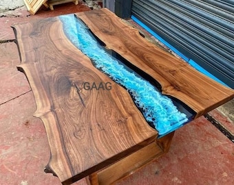 Acacia Wood Ocean River Dining Table Top | Blue Resin Epoxy Rectangular | (Customisable)