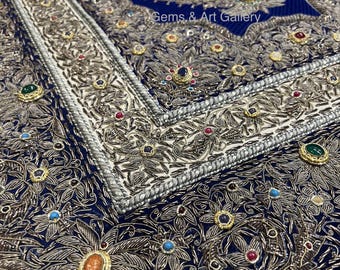 ブルーザルドジ宝石タペストリー | 手刺繍ベルベット壁掛け | 本物の