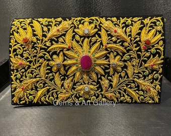 Luxury Zardozi Velvet Clutch with Semi-Precious Stones | Hand-Embroidered Floral Evening Bag | Wedding & Festive Purse | Made in Agra