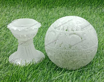 Handcarved Marble Lamp with Stand / Candle Holder / Pietra Dura / Inlay Work (Available in 3 Sizes)