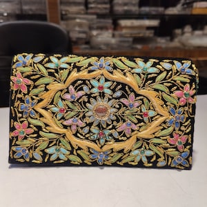 Luxury Zardozi Velvet Clutch with Semi-Precious Stones | Hand-Embroidered Floral Evening Bag | Wedding & Festive Purse | (Size 8x5x2 Inches)
