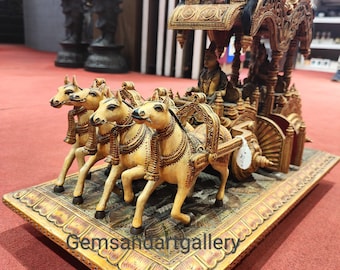 Mahabharat Chariot made of Coloured Teak Wood (Depicts an Iconic scene from Indian mythology epic Mahabharata)