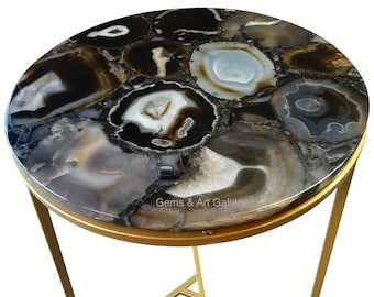 Plateau de table rond en agate noire | Plateau de table à manger | Plateau de table basse | Plateau de comptoir (Personnalisable)