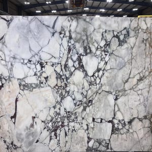 May include: A large rectangular slab of polished white marble featuring a complex brecciated pattern with prominent dark purple, grey, and brown veining throughout the stone surface. A small gold sign on a stand reads GemsAndArtGallery.