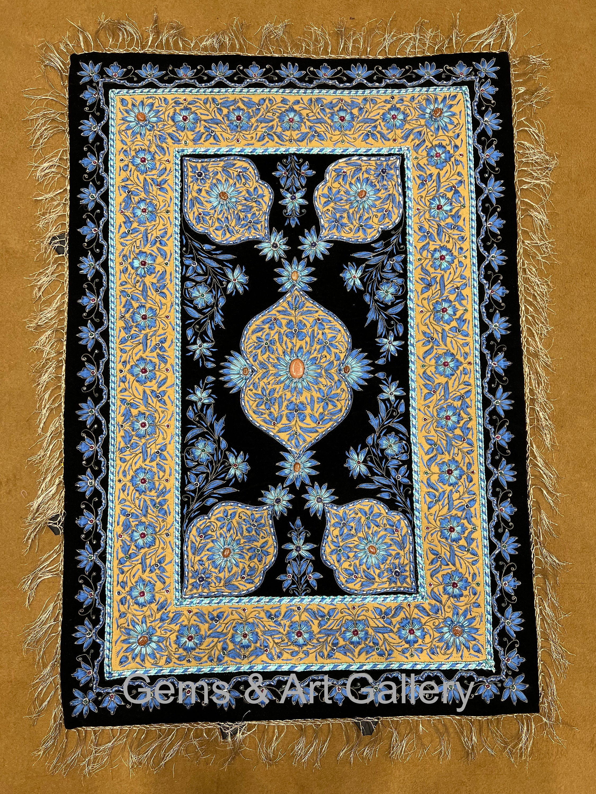 Turquoise Gold Zardozi Gem Tapestry | Hand Embroidered Velvet Wall