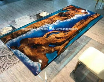 Wavy Blue River Epoxy Table Top with Acacia Wood | Dining/Coffee Table, Live Edge Wooden Table,  (Customisable)