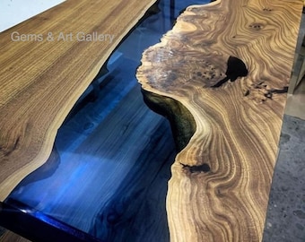 Deep Blue Epoxy Table Top with Acacia Wood | Dining Table Top |  Live Edge Table Top |  Resin River Table Top (Customisable)