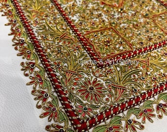 Zardozi Leatherette Gemstone Wall Art | Hand Embroidered Indian Tapestry | Ornate Medallion Decor | 20x16 Inches