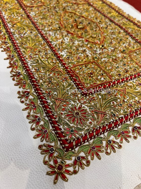 Zardozi Leatherette Gemstone Wall Art | Hand Embroidered Indian Tapestry | Ornate Medallion Decor | 20x16 Inches