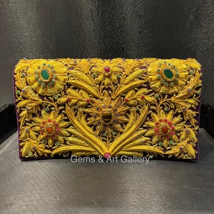 Cartera Zardozi con diseño vintage bordado a mano y piedras semipreciosas (25 x 15 x 5 cm)