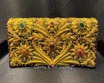 Luxury Zardozi Velvet Clutch with Semi-Precious Stones | Hand-Embroidered Floral Evening Bag | Wedding & Festive Purse | Made in Agra