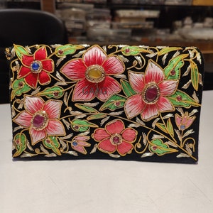 Luxury Zardozi Velvet Clutch with Semi-Precious Stones | Hand-Embroidered Floral Evening Bag | Wedding & Festive Purse (8x5x2 Inches)