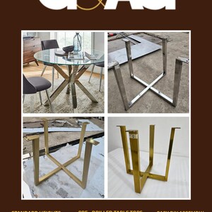 May include: A set of metal table legs with a cross-base design in silver and gold finishes. The image displays a glass-topped dining table, silver legs, and gold legs. Text includes G&AG, Standard Heights: 18 inches and 28 inches, Pre-drilled table tops, and Easy DIY assembly.