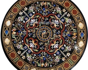 Handmade Round Marble Coffee Table Top studded with Gemstones (Pietre Dura) Artwork Inlay Work (Customisable)